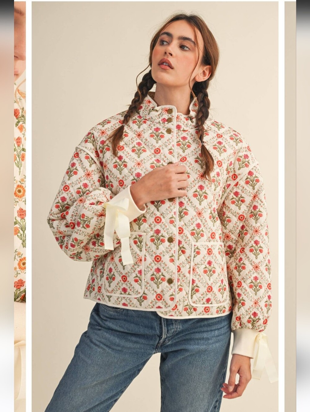 &Merci - Floral Quilted Jacket with Ribbon Detail